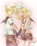  1girl aqua_eyes arihara_ema blonde_hair blue_eyes blush bow brother_and_sister hair_ornament hairclip headphones holding_hands kagamine_len kagamine_rin open_mouth ribbon short_hair siblings tears twins vocaloid 