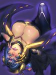  bad_id bad_pixiv_id black_hair breasts cleavage collarbone comb demon_girl demon_wings digimon digimon_xros_wars facial_tattoo green_eyes hands_on_own_face highres horns japanese_clothes katou_teppei large_breasts lilithmon lipstick makeup nail_polish purple_lipstick simple_background solo tattoo upside-down wings 
