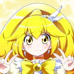 blonde_hair bow choker cure_peace double_v eyelashes face frown hair_flaps kiku_hitomoji kise_yayoi magical_girl orange_choker ponytail portrait precure smile_precure! solo tears v wavy_mouth wide_ponytail yellow yellow_background yellow_bow yellow_eyes 