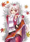  akadume animal_ears blush detached_sleeves eyebrows hat highres inubashiri_momiji leaf open_mouth red_eyes short_hair skirt_hold solo tail tokin_hat touhou white_hair wolf_ears wolf_tail 