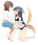  amami_haruka animal_ears bad_id bad_pixiv_id barefoot blue_hair bow bra brown_hair chin_grab collar couple dog_ears dog_tail green_eyes hair_bow idolmaster idolmaster_(classic) kisaragi_chihaya kneeling lingerie long_hair multiple_girls open_mouth panties short_hair skirt smile sou_(tuhut) tail tail_wagging underwear yellow_eyes yuri 