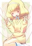  :d blonde_hair closed_eyes double_v fujisaki_hikari hairband heart kise_yayoi kneeling no_pants open_mouth precure short_hair smile smile_precure! socks solo sweater v white_hairband 