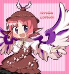  animal_ears ayu_(iyokanya) bad_id bad_pixiv_id blush bow brown_dress chibi dress earrings fingernails frame hand_on_own_chest hat jewelry long_fingernails mystia_lorelei open_mouth outstretched_arm pink_hair purple_eyes shirt short_hair smile solo touhou wings 