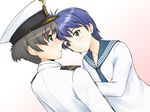  1girl akizuki_ryou blue_hair brown_eyes brown_hair doku_hebi hat idolmaster idolmaster_dearly_stars military military_uniform open_mouth sailor_collar short_hair smile uniform 