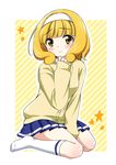  blonde_hair cardigan eyelashes hairband kise_yayoi nanairogaoka_middle_school_uniform precure school_uniform short_hair sitting skirt smile_precure! solo sweater tears tottoto_tomekichi wariza white_hairband yellow_eyes 