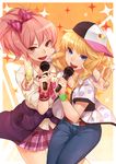  baseball_cap blonde_hair blue_eyes bow brown_eyes candy denim fingernails food hair_bow hands hat highres hitoto idolmaster idolmaster_cinderella_girls jeans jougasaki_mika lollipop microphone multiple_girls nail_polish ootsuki_yui open_mouth pants pink_hair sitting sleeves_folded_up sleeves_pushed_up v 