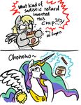  blonde_hair comic cutie_mark derpy_hooves_(mlp) english_text equine female feral friendship_is_magic hair horn horse humor magic mammal mickeymonster my_little_pony pegasus plain_background pony princess_celestia_(mlp) text white_background winged_unicorn wings 