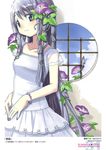  aoki_ume black_eyes black_hair bracelet collarbone dress flower hair_flower hair_ornament highres jewelry long_hair morning_glory nail_polish original round_window scan smile solo trellis very_long_hair watermark window 