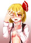  absurdres blonde_hair blush breasts cum cum_on_body cum_on_upper_body facial fangs hair_ribbon harigane_shinshi highres no_bra one_eye_closed open_mouth red_eyes ribbon rumia short_hair simple_background small_breasts solo touhou upper_body 