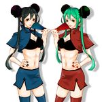  alternate_costume alternate_hairstyle alternate_outfit aqua_hair black_hair double_bun dual_persona fan female green_eyes green_hair green_hairhair_buns hand_on_hip hatsune_miku hips long_hair midriff nail_polish shadow symmetry teal_hair thighhighs trench_(artist) twinbuns twintails vocaloid 