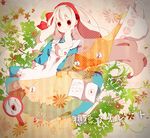  book dress hair_ribbon hairband kagerou_project kozakura_marry long_hair looking_at_viewer mirror pink_hair red_eyes ribbon rinndouk smile solo souzou_forest_(vocaloid) very_long_hair vocaloid 