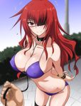  bdsm between_breasts bikini bondage bound breasts choker covered_nipples eyepatch huge_breasts leash long_hair maji_de_watashi_ni_koi_shinasai! margit_eberbach marugoshi_teppei perspective red_eyes red_hair shiny shiny_skin solo_focus swimsuit thighhighs 