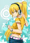  akita_neru back blonde_hair blush female headphones long_hair solo vocaloid yellow_eyes 