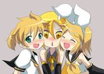  1boy 2girls akita_neru blonde_hair brother_and_sister family female kagamine_len kagamine_rin long_hair male multiple_girls sandwiched siblings sisters twins vocaloid 