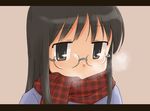  black_eyes black_hair breath face glasses letterboxed long_hair minakami_mai nichijou plaid plaid_scarf red_scarf scarf solo tomboo upper_body 