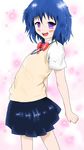  blue_hair highres kira_kira purple_eyes sailor school_uniform short_hair smile solo 