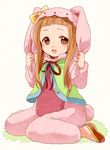  animal_costume brown_eyes brown_hair bunny_costume capelet chaba_(hortensia) cosplay ear_pull ichihara_nina idolmaster idolmaster_cinderella_girls kigurumi open_mouth sitting smile solo wariza 