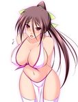  bikini breasts brown_hair covered_nipples futami_masaki groin hair_ornament hair_ribbon highres huge_breasts loincloth long_hair navel open_mouth original ponytail purple_eyes ribbon simple_background solo standing swimsuit thighhighs white_background white_legwear wide_hips 