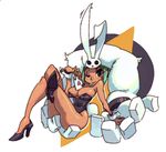  alex_ahad alternate_costume animal_ears bare_legs between_breasts breasts bunny_ears bunny_tail bunnysuit card cerebella_(skullgirls) crossed_legs dark_skin eyeshadow green_hair green_lipstick lab_zero_games large_breasts lipstick living_clothes makeup official_art one_eye_closed playing_card short_hair sitting skullgirls solo tail vice-versa_(skullgirls) wrist_cuffs 