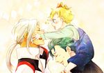  asemu_asuno blonde_hair carrying child closed_eyes father_and_son flit_asuno green_hair gundam gundam_age hanagosui male_focus multiple_boys ponytail shoulder_carry sideburns star white_hair woolf_enneacle younger 