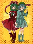  arm_ribbon bad_id bad_pixiv_id blue_eyes blue_hair boots bow dress edanaka_(abcm) frills front_ponytail green_eyes green_hair hair_bobbles hair_bow hair_ornament hair_ribbon hat holding_hands interlocked_fingers kagiyama_hina kawashiro_nitori key long_hair looking_at_viewer multiple_girls pocket red_dress ribbon smile star starry_background touhou two_side_up v 