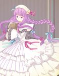  adapted_costume book book_hug bow braid crescent dress hair_bow hat holding holding_book long_hair patchouli_knowledge purple_eyes purple_hair solo touhou twin_braids watase_rei 