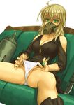  ahoge bad_id bad_pixiv_id bags_under_eyes bare_shoulders blonde_hair breasts cleavage collarbone couch covered_nipples glowing glowing_eyes green_eyes gun large_breasts long_hair looking_at_viewer mustard_seeds no_bra no_pants original panties panty_pull partially_visible_vulva respirator simple_background sitting skirt solo thighs underwear weapon white_background white_panties yuuji_(and) 
