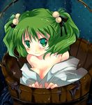  alternate_breast_size bad_id bad_pixiv_id bare_shoulders blush breasts bucket cleavage face green_eyes green_hair hair_bobbles hair_ornament in_bucket in_container kisume large_breasts off_shoulder shomen short_hair solo tears touhou twintails wooden_bucket 