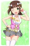  amami_haruka brown_hair green_eyes hair_ribbon highres idol idolmaster idolmaster_(classic) nattsu_(pegimin) one_eye_closed pink_diamond_765 ribbon short_hair smile solo 