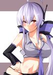  ahoge bare_shoulders black_panties breasts cleavage detached_sleeves hair_ribbon headphones large_breasts long_hair megane_man navel necktie panties purple_hair red_eyes ribbon solo standing underwear vocaloid voyakiloid yowane_haku 