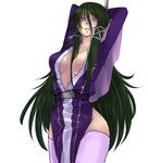  1girl breasts cleavage fasalina glazed_eyes green_hair gunsword gunxsword large_breasts long_hair pole thighhighs 