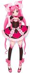 black_legwear bow breasts choker cleavage cleavage_cutout cure_honey_dream_(maeashi) dakimakura delica double_bun dress earrings eyelashes frills full_body fumio_renge_(maeashi) gloves grin heart heart_cutout highres jewelry long_hair magical_girl original pink_bow pink_eyes pink_hair precure shoes simple_background small_breasts smile solo thighhighs twintails white_background zettai_ryouiki 