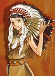  brown_eyes feathers fringe_trim headdress mizoue_naoko native_american native_american_headdress original solo warbonnet 