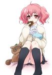  :o ahoge bag bangs black_legwear cravat doughnut eating food holding inu_x_boku_ss kneehighs leaf leaf_on_head legs long_sleeves open_mouth panties pantyshot pantyshot_(sitting) pink_eyes pink_hair plum_(arch) roromiya_karuta school_uniform short_hair short_twintails simple_background sitting skirt sweater tanuki twintails underwear watanuki_banri wavy_hair white_background white_panties 