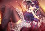  bad_id bad_pixiv_id black_hair black_legwear flower garter_straps gloves long_hair matsuki_ringo original purple_eyes solo thighhighs 