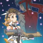  1girl blue_background blue_hair bodysuit company_connection crossover fading gun mukiki red_vest rody_roughnight senki_zesshou_symphogear tachibana_hibiki_(symphogear) vest weapon wild_arms wild_arms_1 