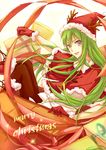  antlers capelet engrish enkidu_(fate/strange_fake) fate/strange_fake fate_(series) gift green_hair grey_eyes hat long_hair male_focus nebo+ otoko_no_ko ranguage red_capelet ribbon sack santa_costume santa_hat solo 