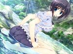  aqua_eyes barefoot black_hair day dutch_angle feet game_cg hoshizora_e_kakaru_hashi hoshizora_e_kakaru_hashi_aa legs light_rays long_legs naturalton nature outdoors pantylines partially_submerged short_hair sitting soles solo stream sunbeam sunlight toe_scrunch toes wariza water wet wet_clothes yocchan 