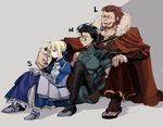  2boys ahoge armor armored_dress artoria_pendragon_(all) bad_id bad_pixiv_id beard black_hair blonde_hair cape dress facial_hair fate/zero fate_(series) faulds gauntlets green_eyes hair_ribbon height_difference lancer_(fate/zero) multiple_boys nor_(reader13) red_hair ribbon rider_(fate/zero) saber sandals size_difference yellow_eyes 