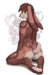  anthro anus back_turned balls brown brown_eyes brown_fur brown_hair brown_nose butt claws floppy_ears fur hair hindpaw kneeling kyari lagomorph long_ears long_hair looking_at_viewer male mammal markings nude pawpads paws presenting presenting_hindquarters rabbit seductive smile solo tail thighs truegrave9 