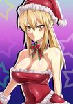  1girl bare_shoulders blonde blonde_hair breasts character_request christmas cleavage dress female gloves hat large_breasts long_hair megane_man santa_hat solo standing upper_body yellow_eyes 