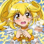  blonde_hair blush bow choker chopsticks cure_peace daikon earrings electricity eyelashes food hair_flaps jewelry kise_yayoi long_hair lowres magical_girl maru_takeo oden precure smile_precure! solo tears wide_ponytail wrist_cuffs yellow yellow_bow yellow_choker yellow_eyes 