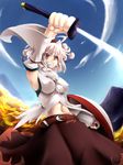  animal_ears bare_shoulders clenched_teeth cloud day detached_sleeves hat highres impossible_clothes impossible_shirt inubashiri_momiji navel red_eyes shield shiromiza_kana shirt short_hair silver_hair skirt sky solo sword teeth tokin_hat touhou weapon wolf_ears 