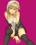  aqua_eyes arm_support bad_id bad_pixiv_id bags_under_eyes black_legwear blonde_hair breasts cleavage hood hoodie medium_breasts mustard_seeds off_shoulder original pink_background simple_background sitting solo thighhighs yuuji_(and) 