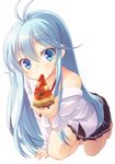  all_fours antenna_hair bare_shoulders barefoot blue_eyes blue_hair denpa_onna_to_seishun_otoko food full_body holding_pizza long_hair looking_at_viewer mouth_hold nanashi_(soregashi) off_shoulder pizza school_uniform simple_background slice_of_pizza solo staring touwa_erio white_background 