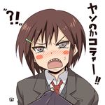  1girl anger_vein angry aoi_manabu blazer blush blush_stickers brown_hair danshi_koukousei_no_nichijou hair_ornament hairclip highres jacket necktie open_mouth ringo-chan_(danshi_koukousei) school_uniform sharp_teeth short_hair solo teeth translated 