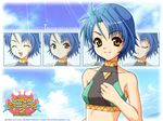  2003 ahoge bistro_cupid bistro_cupid_2 blue_hair brown_eyes character_name copyright_name halterneck logo official_art pandaki_(aki) short_hair smile solo thyme_moschata wallpaper 