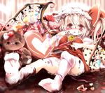  alternate_wings bad_id bad_pixiv_id blonde_hair blush chocolate emia_(castilla) flandre_scarlet food food_on_face hat hat_ribbon heart heart_pillow heart_wings lying no_shoes on_back open_mouth pillow red_eyes ribbon shirt short_hair side_ponytail skirt solo stuffed_animal stuffed_toy teddy_bear tongue tongue_out touhou upshirt wings wrist_ribbon 
