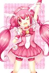  argyle argyle_background arm_up bad_id bad_pixiv_id bow choker cure_happy heart heart_background hoshizora_miyuki long_hair magical_girl one_eye_closed open_mouth pink pink_background pink_bow pink_choker pink_eyes pink_hair pink_shorts pink_skirt precure sanotsuki shorts shorts_under_skirt skirt smile smile_precure! solo twintails 