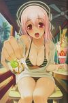  absurdres bare_shoulders bikini blush breasts cleavage collarbone feeding food food_on_face foreshortening fruit headphones highres jewelry kiwifruit medium_breasts multicolored multicolored_bikini multicolored_clothes multicolored_stripes navel necklace nitroplus off_shoulder open_mouth outstretched_hand palm_tree parfait pink_hair pov_feeding red_eyes scan sitting solo spoon striped striped_bikini super_sonico swimsuit tree tsuji_santa 